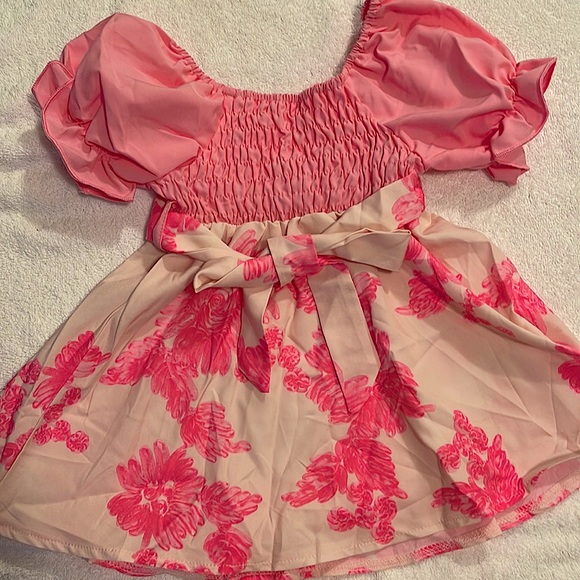 LAST ONE NEW Little girls sweet pink & ivory floral dress with sash 1-2 years - Picture 3 of 3